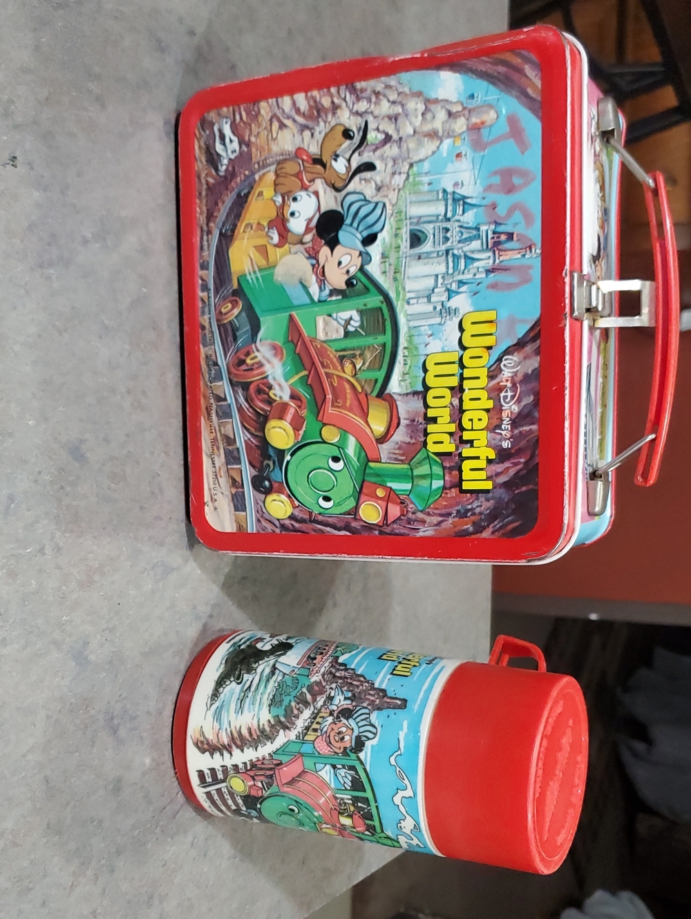 Disney Wonderful World Red Metal Lunchbox with Matching Thermos